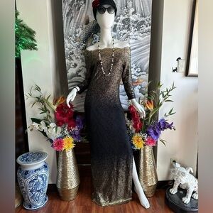 Marina BLACK & GOLD LACE OFF THE SHOULDER OMBRÉ BODY CON FLOOR LENGTH GOWN  6